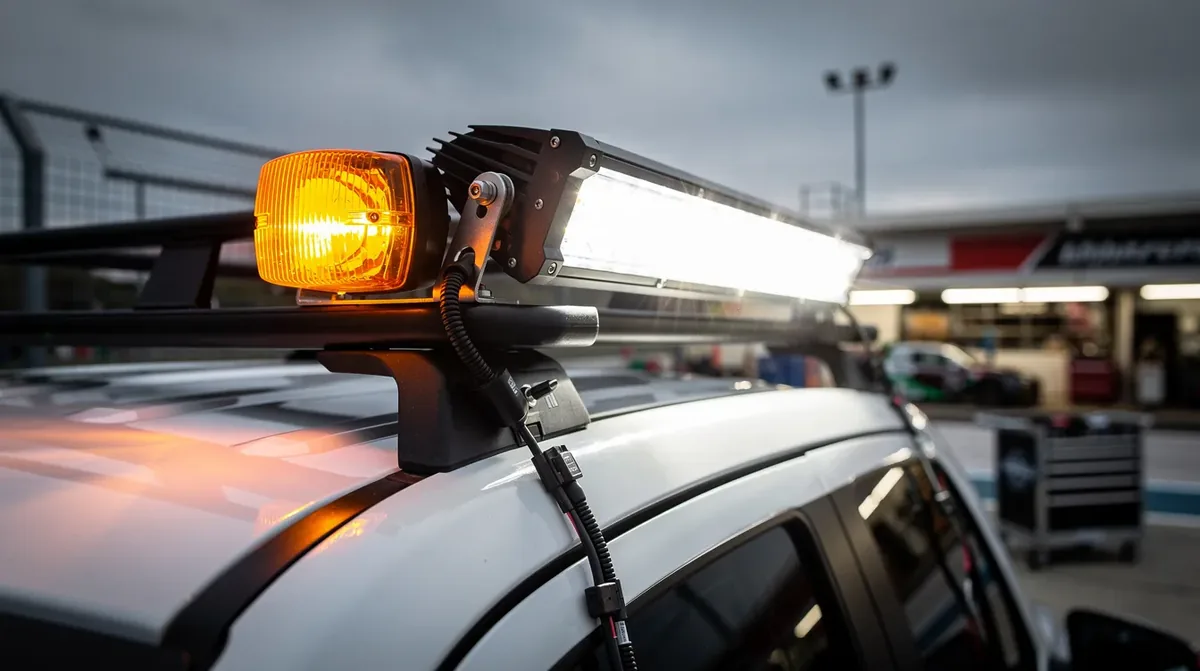 Kogut LED homologowany ECE R65 i listwa robocza LED zamontowane na pojeździe technicznym obsługi trasy rajdu samochodowego zgodnie z przepisami PZM i FIA