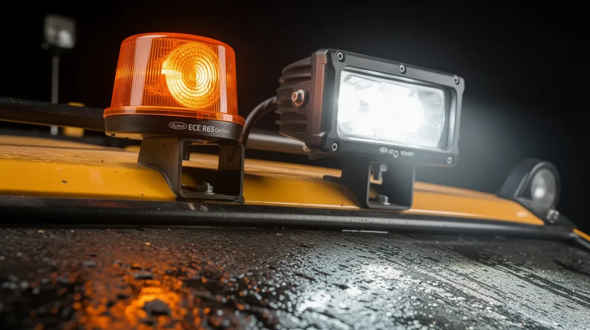 Homologowany kogut LED ECE R65 i lampa robocza LED zamontowane na pojeździe do robót drogowych – obowiązkowe wyposażenie frezarek i walców drogowych