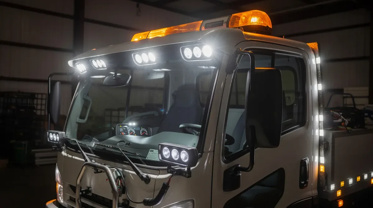 Pojazd obsługi szklarni wyposażony w kogut LED z homologacją ECE R65 oraz lampy obrysowe LED zgodne z polskim Prawem o ruchu drogowym dla pojazdów szerokości powyżej 2,5 m