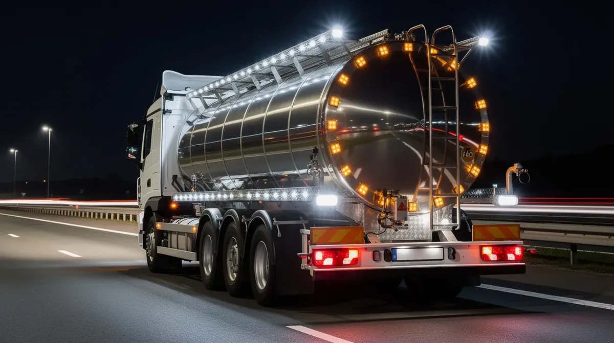Cysterna z chemikaliami wyposażona w lampy ostrzegawcze LED o stopniu ochrony IP69K, stroboskopy ADR oraz lampy tylne zespolone zgodne z homologacją ECE R65 i wymogami transportu materiałów niebezpiecznych