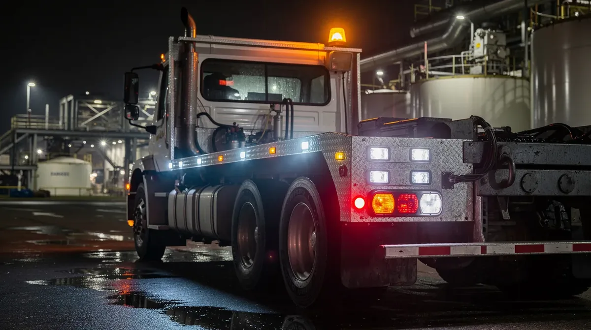 Pojazd transportu bel celulozy wyposażony w lampy obrysowe LED, tylne lampy zespolone oraz kogut LED ostrzegawczy z homologacją ECE – widoczność 150 metrów zgodna z przepisami BHP