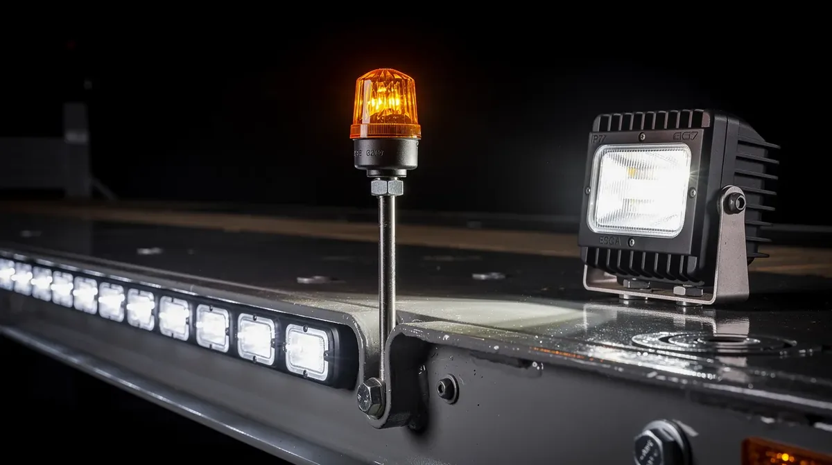 Kogut LED, lampy obrysowe i stroboskop ostrzegawczy zamontowane na naczepie niskopodwoziowej do transportu nienormatywnego zgodnie z wymogami ECE R65 i R48