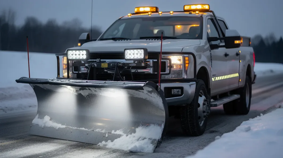 Szczegółowy widok koguta LED klasy R65 i lamp obrysowych LED zamontowanych na pługo-solarce spełniającej wymogi GDDKiA dla pojazdów zimowego utrzymania dróg