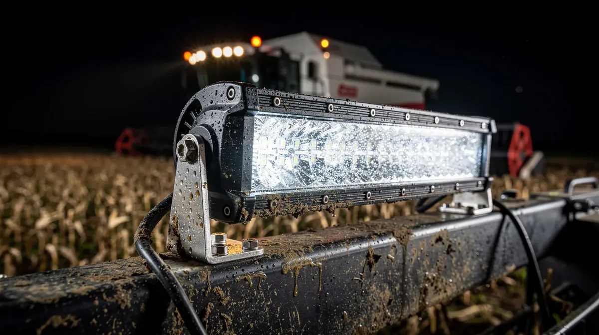 Lampa robocza LED z certyfikatem IP69K i stroboskop ostrzegawczy LED na kombajnie rolniczym – ochrona przed błotem i wodą na maszynach autonomicznych