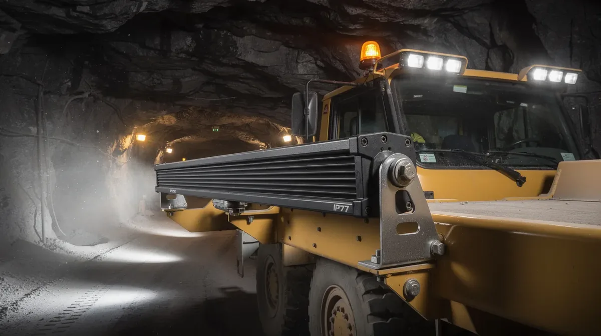 Kogut LED i stroboskop ostrzegawczy zamontowany na pojeździe górniczym – oświetlenie ostrzegawcze spełniające przepisy BHP i normy ATEX dla zakładów górniczych