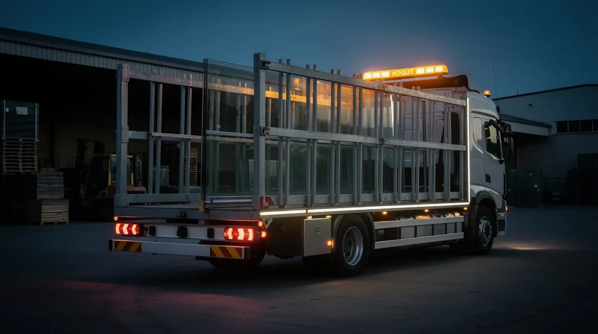 Pojazd do transportu szkła płaskiego wyposażony w kogut LED i stroboskop ostrzegawczy oraz lampy obrysowe LED – zgodność z ECE R65 i polskimi przepisami drogowymi