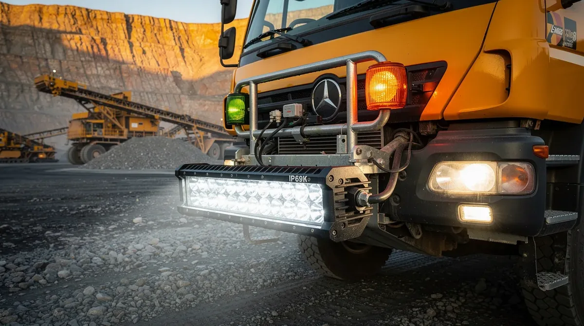 Kogut LED ostrzegawczy oraz lampy robocze LED zamontowane na wywrotce w kopalni kruszywa – spełniające wymogi widoczności 150 metrów zgodnie z polskimi przepisami BHP i normami ECE R65