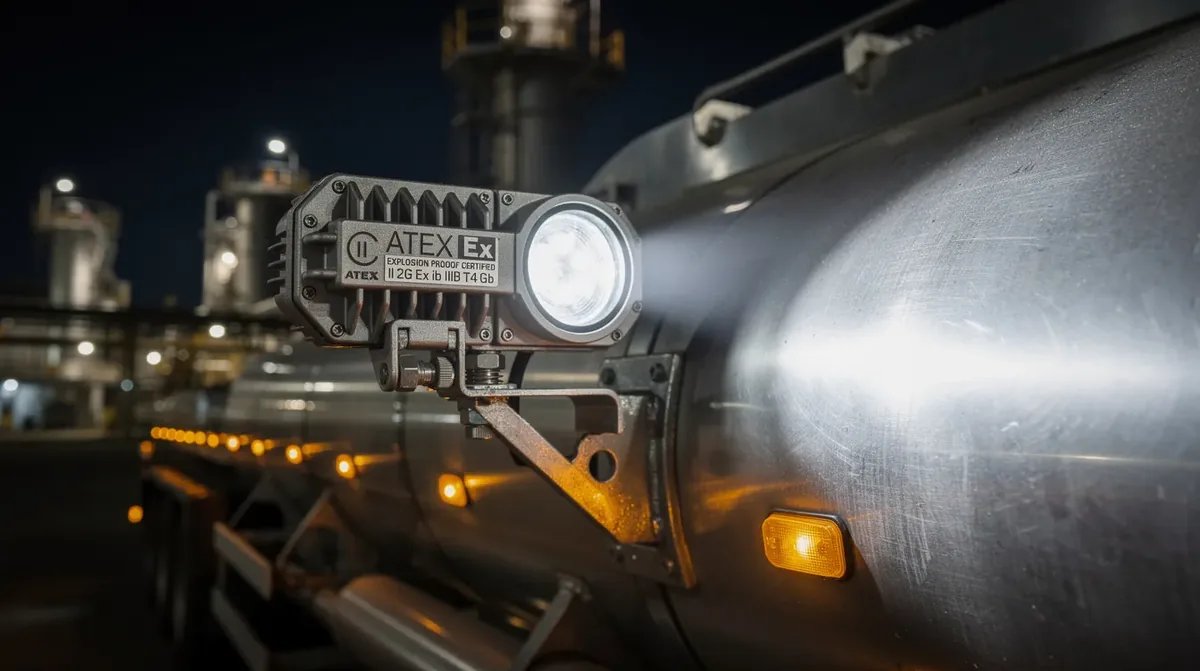 Lampa robocza LED z certyfikatem Ex i oznaczeniem ATEX zamontowana na cysternie paliwowej w rafinerii – spełnia normy EN 60079 i dyrektywę 2014/34/UE dla stref zagrożenia wybuchem Zone 1 i Zone 2