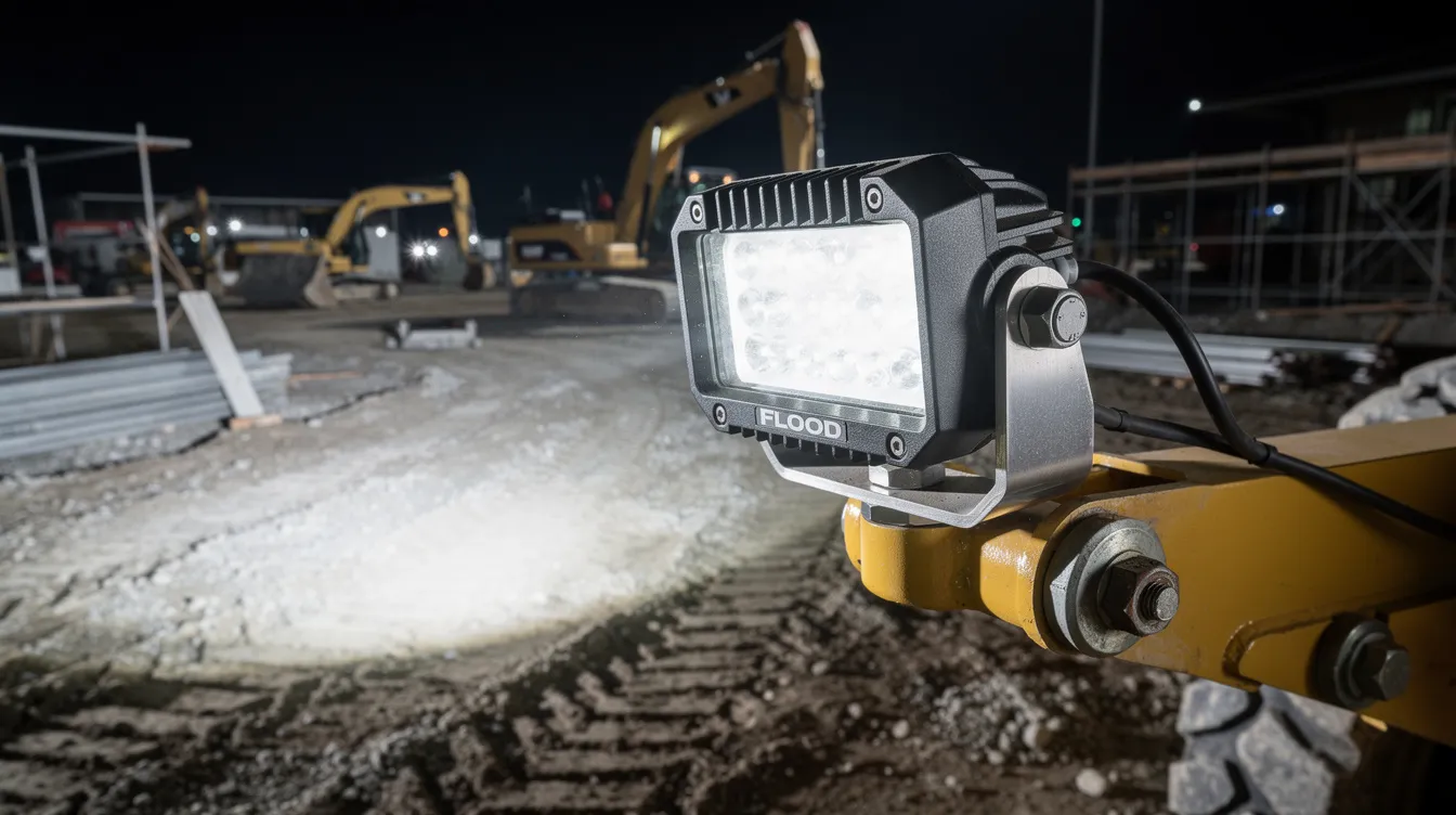 Lampa robocza LED typu FLOOD z ochroną IP67 zamontowana na ładowarce kołowej — dobór wiązki świetlnej i stopnia ochrony dla maszyn budowlanych pracujących w trudnych warunkach
