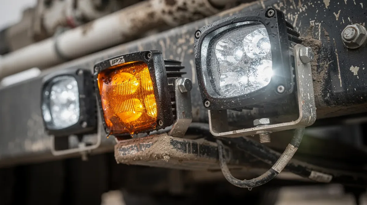 Lampa robocza LED IP67 i stroboskop ostrzegawczy LED na podwoziu pompy do betonu – ochrona przed pyłem i wodą na budowie
