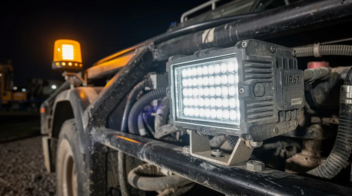 Lampa robocza LED IP67 z kogut ostrzegawczym ECE R65 na pojeździe geologicznym – ochrona przed wibracjami IK08 i szczelność dla warunków terenowych