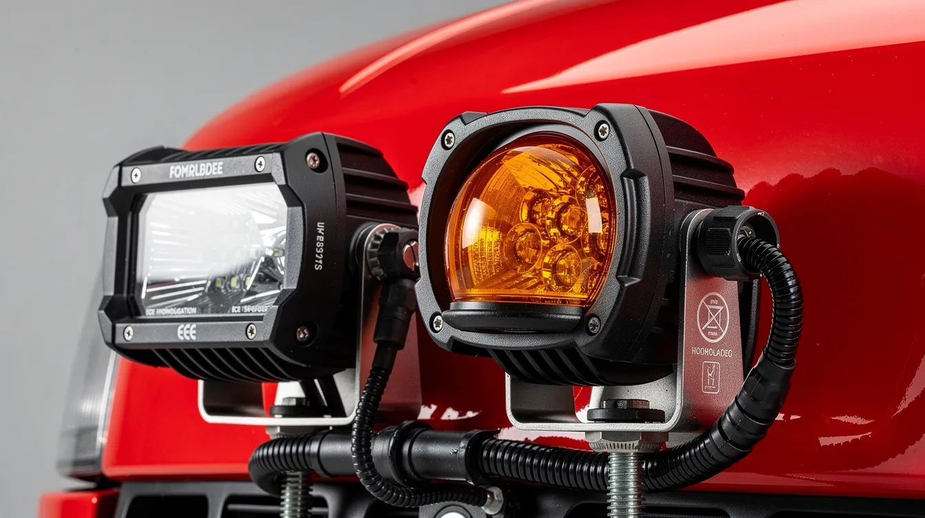 Lampa robocza LED IP67 i stroboskop ostrzegawczy ECE R65 na pojeździe straży pożarnej – normy CNBOP-PIB dla oświetlenia ratowniczego