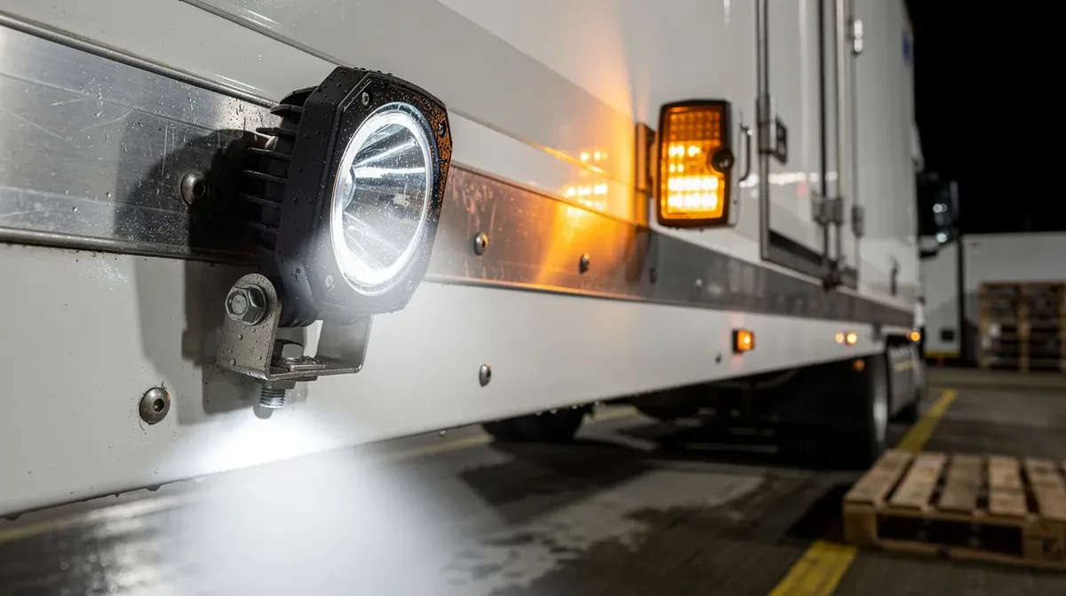 Lampa robocza LED z klasą szczelności IP69K zamontowana na pojeździe chłodniczym – odporna na mycie wysokociśnieniowe, zgodna z normami sanitarnymi HACCP dla transportu nabiału