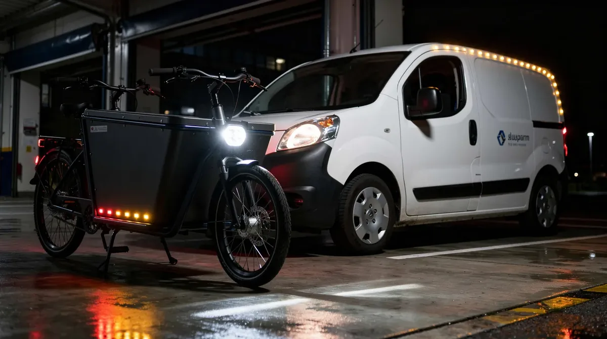 Rower cargo i elektryczny van kurierski z homologowanym oświetleniem LED pozycyjnym, lampami tylnymi zespolonymi i lampami obrysowymi spełniającymi normy ECE dla pojazdów logistycznych