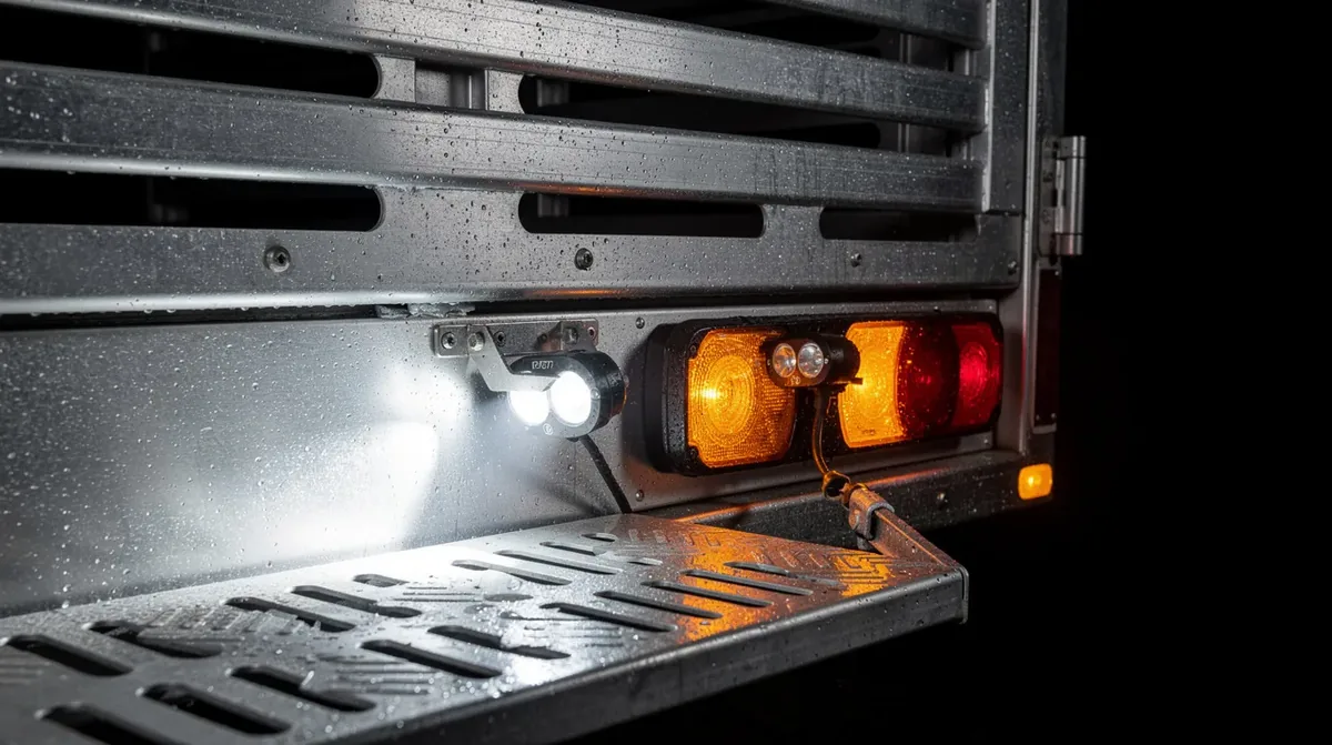 Lampy obrysowe LED i lampy robocze IP67 na tylnej części naczepy inwentarskiej – wymagane wyposażenie do transportu żywych zwierząt zgodne z przepisami UE