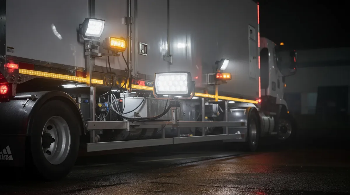 Lampy obrysowe LED i stroboskopy ostrzegawcze ECE R65 zamontowane na pojeździe technicznym obsługi eventu – wiązki przewodów i homologowane oświetlenie ciężarówki