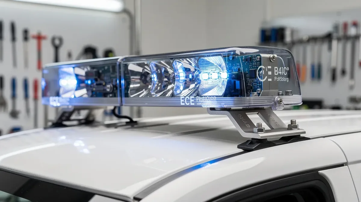 Kogut LED z homologacją ECE R65 zamontowany na dachu pojazdu sanitarnego – niebieskie światło ostrzegawcze zgodne z polskimi przepisami ratownictwa medycznego