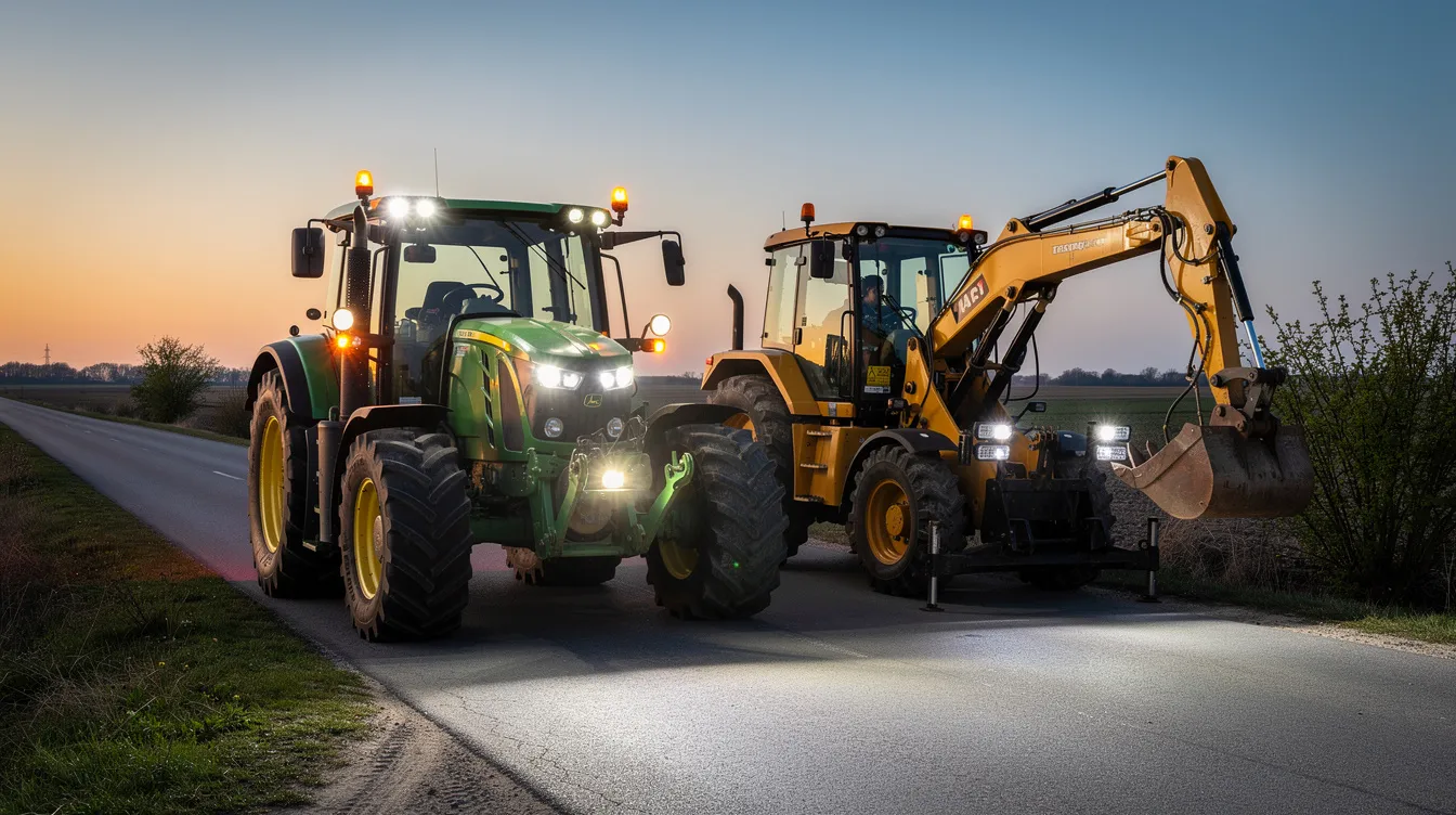 Lampy ostrzegawcze LED na maszynach wolnobieżnych – ciągnik rolniczy i koparka z oświetleniem zgodnym z przepisami ruchu drogowego