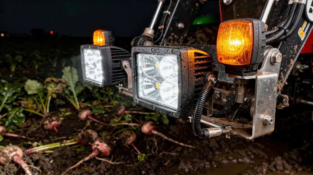 Lampy robocze LED z certyfikatem IP67 oraz kogut ostrzegawczy ECE R65 zamontowane na maszynie rolniczej używanej podczas kampanii cukrowniczej – wymagania BHP i drogowe