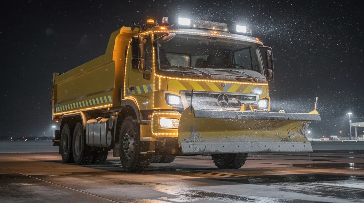 Odśnieżarka pasa startowego z lampami roboczymi LED IP67 i obrysówkami amber LED spełniającymi normy ICAO dla pojazdów lotniskowych w warunkach zimowych