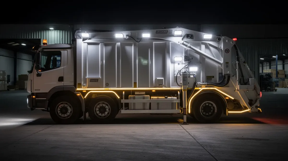 Lampy robocze LED klasy IP67 zamontowane na pojeździe HDS do gospodarki odpadami – oświetlenie ramienia hydraulicznego i obrysowe LED zgodne z wymogami SKP i polskimi przepisami drogowymi