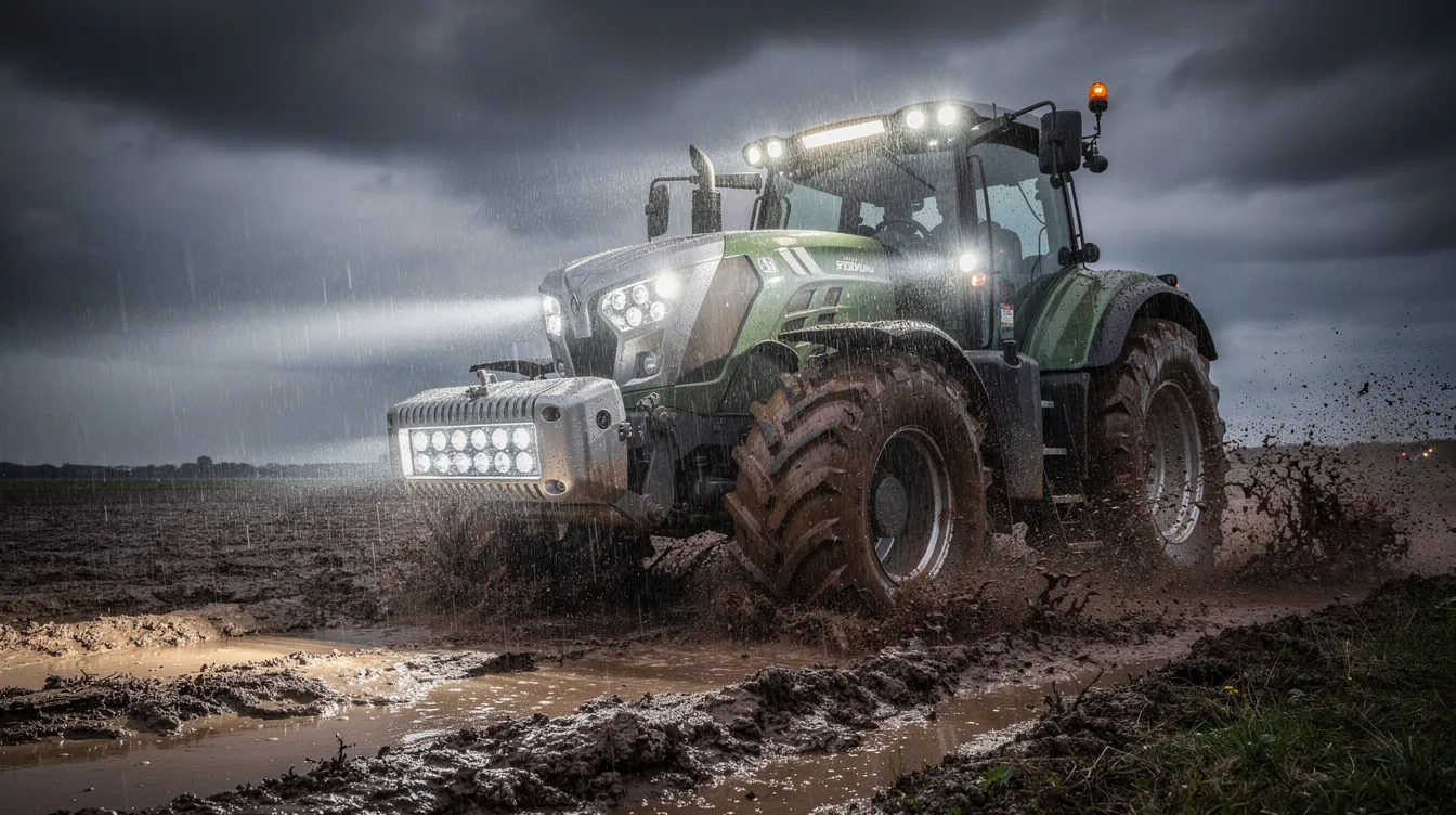 Lampy robocze LED z klasą ochrony IP68 zamontowane na traktorze pracującym w błotnistym polu podczas deszczu – przykład zastosowania wodoodpornego oświetlenia roboczego
