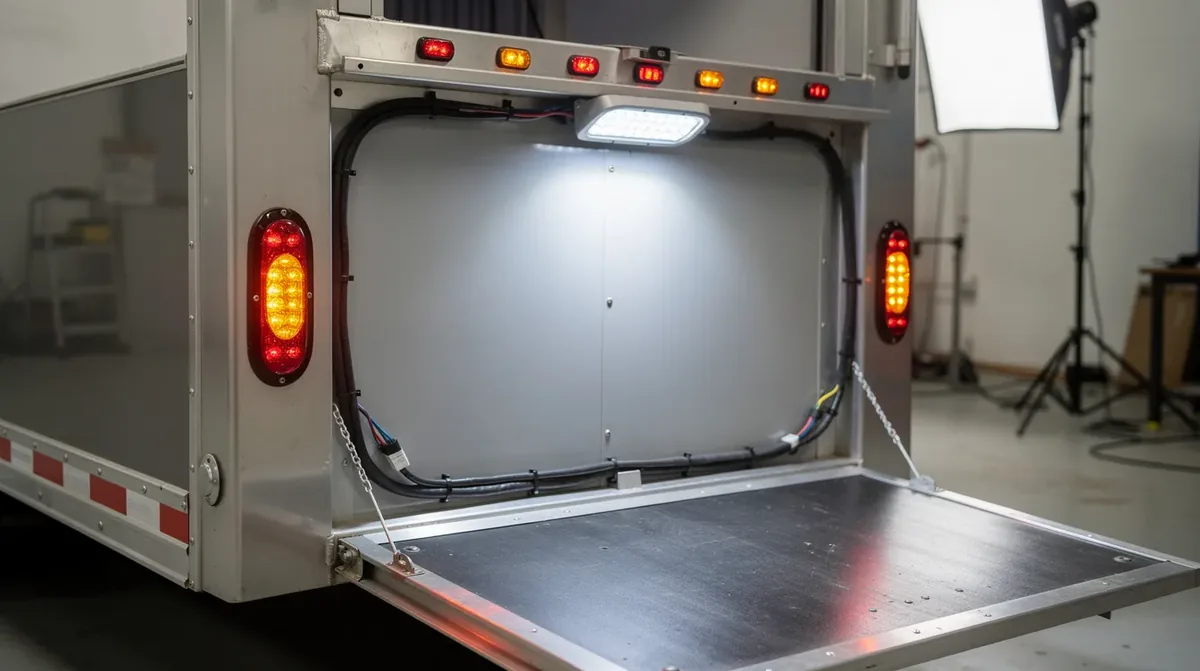 Zestaw lamp LED na przyczepie konnej – lampy robocze, obrysowe LED i lampy tylne zespolone spełniające wymogi SKP i normy IP67 dla pojazdów transportu koni