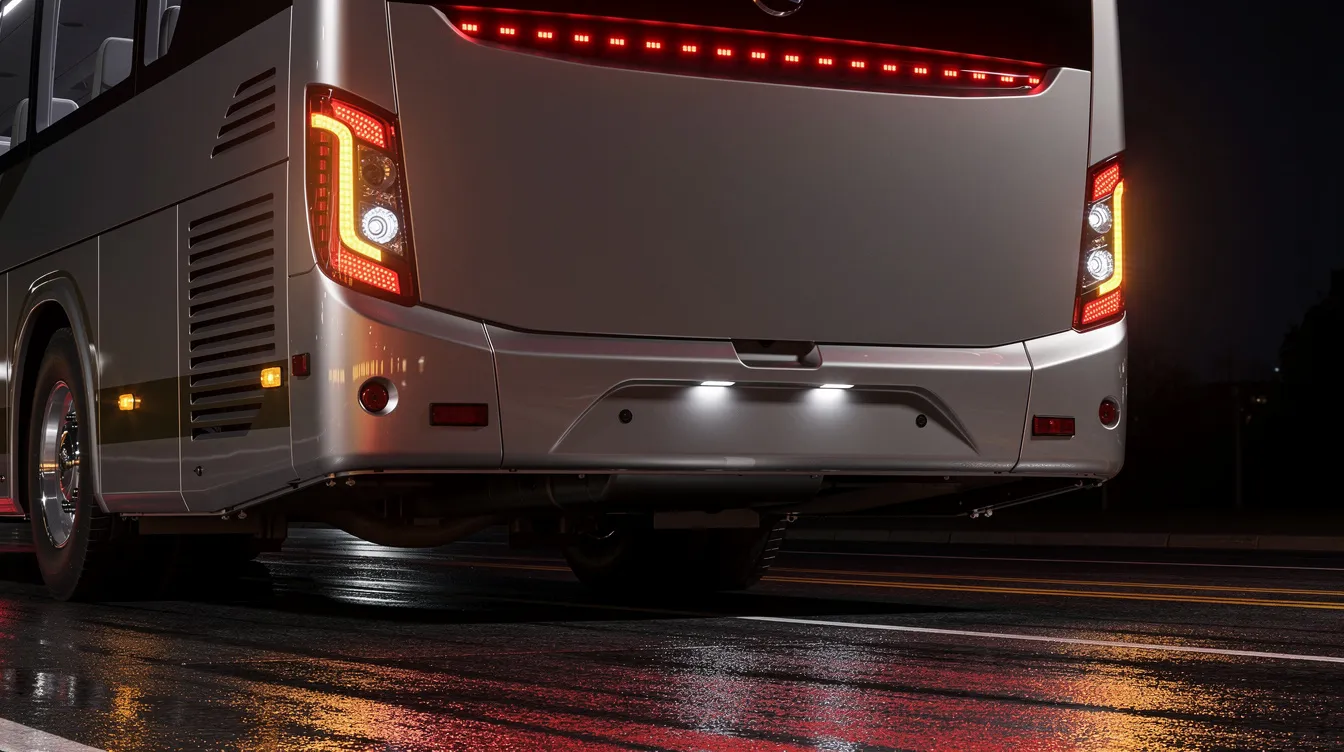 Tylne lampy zespolone LED oraz lampy obrysowe LED w autobusie — szczelność IP67, zgodność z ECE R48 i wymogi SKP dla pojazdów kategorii M3