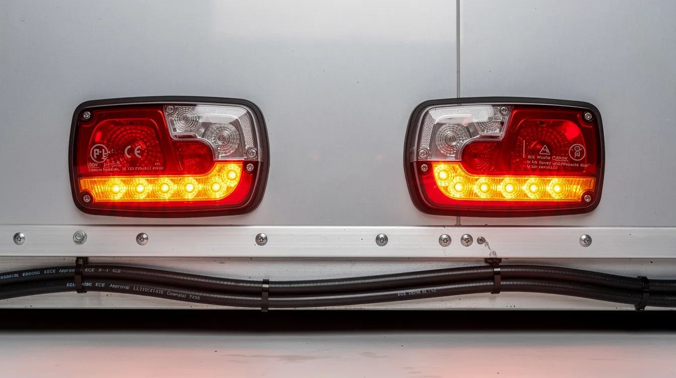 Lampy tylne zespolone LED zamontowane na przyczepie – kompletny zestaw oświetlenia z wiązką przewodów zgodny z wymogami SKP i regulaminem EKG ONZ