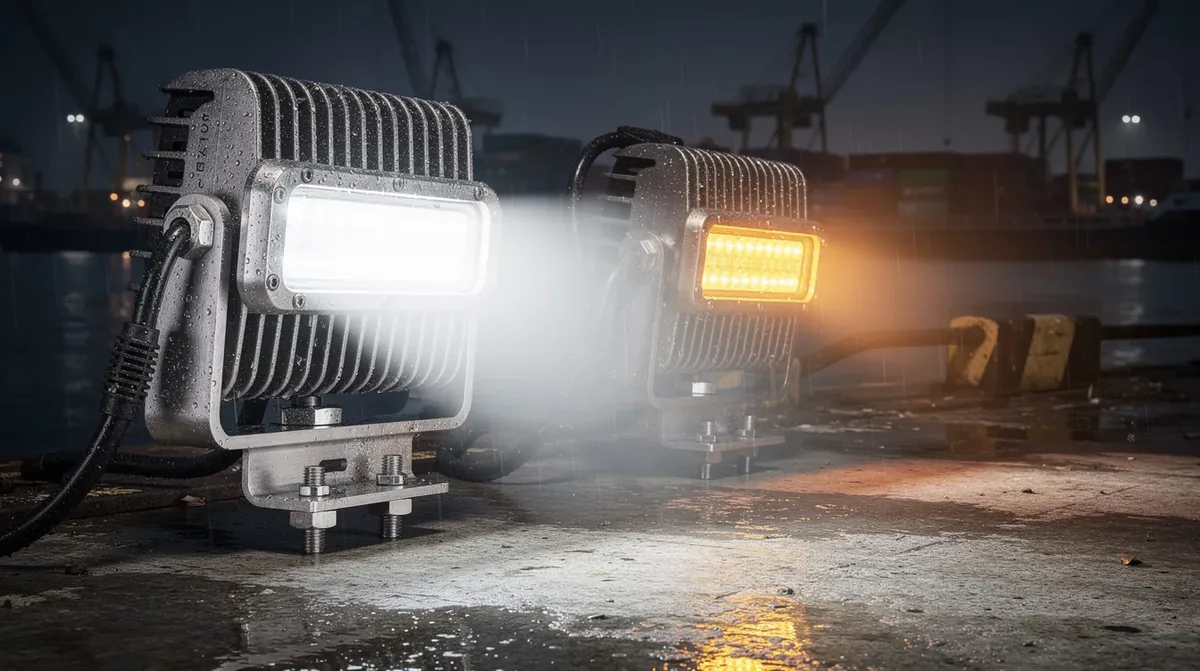 Lampy robocze LED IP68 oraz koguty ostrzegawcze LED na maszynach portowych – odporne na wilgoć i wibracje oświetlenie dla pojazdów technicznych pracujących na nabrzeżu