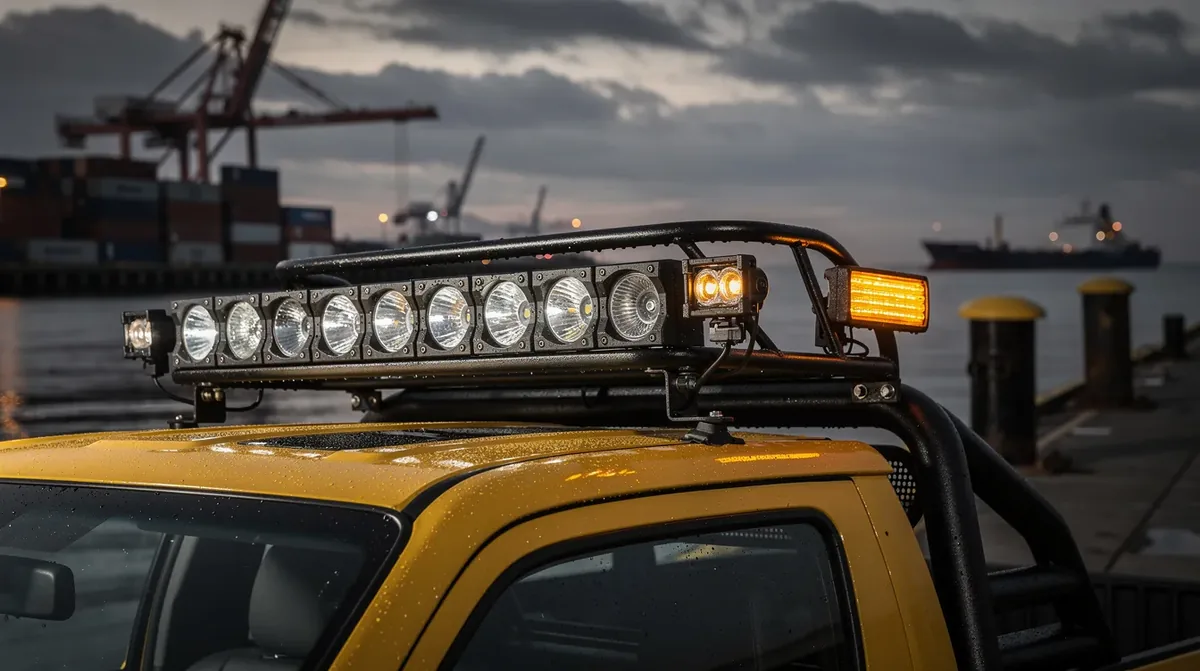 Lampy robocze LED z ochroną IP67 i stroboskopy ostrzegawcze LED na pojazdach serwisowych używanych przy montażu turbin wiatrowych offshore zgodnie z normami IEC i ATEX