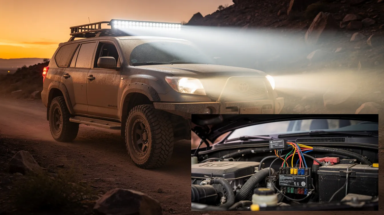 Poprawnie zasilona listwa LED dalekosiężna na SUV-ie – instalacja z przekaźnikiem i bezpiecznikiem przy akumulatorze 12V