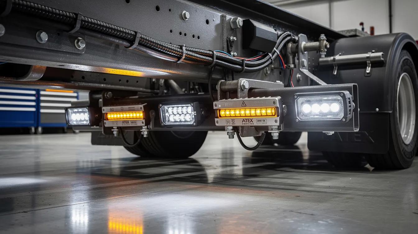 Profesjonalny montaż certyfikowanych lamp LED ATEX na pojeździe ADR z uszczelnionymi wiązkami przewodów i lampami o stopniu ochrony IP67 — dalekosiezne.pl