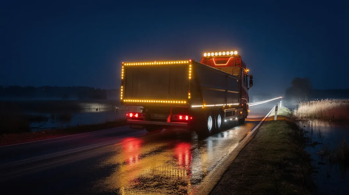 Ciężarówka transportu biomasy z lampami obrysowymi LED ECE R7 i kogutami ostrzegawczymi na drodze publicznej – kompletny system oświetlenia zgodny z polskimi przepisami drogowymi