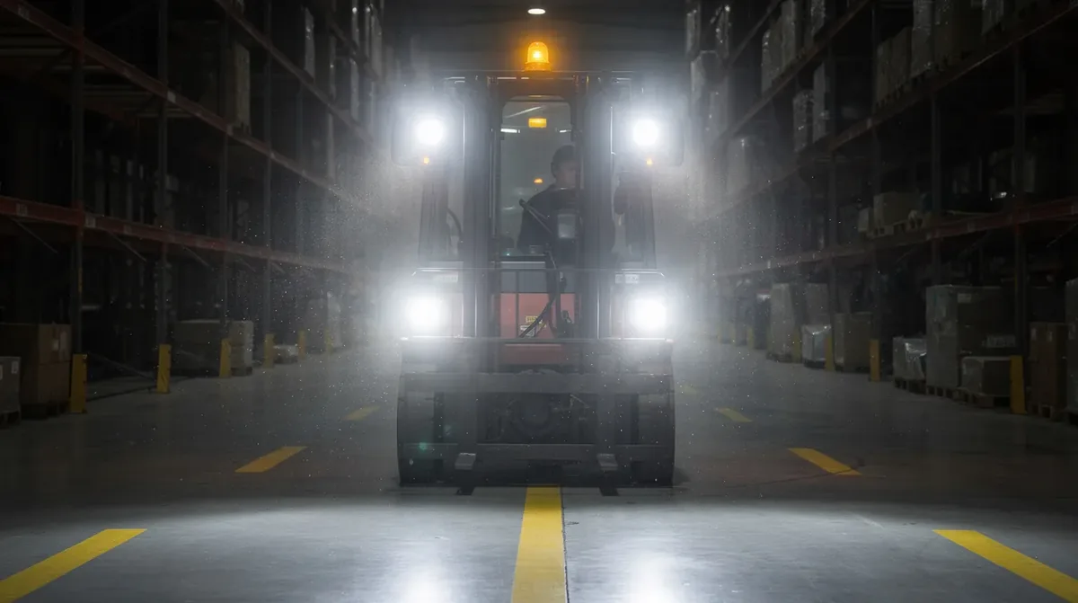 Wózek widłowy wyposażony w lampy LED klasy ATEX II 2G z kogutami ostrzegawczymi LED do pracy w strefach zagrożonych wybuchem w gorzelniach i browarach