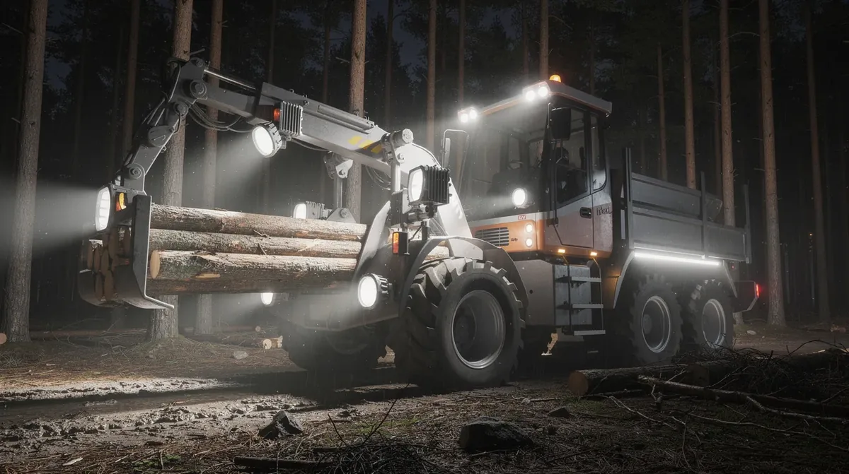 Ciągnik leśny forwarder wyposażony w lampy robocze LED o klasie szczelności IP67 podczas nocnej pracy w lesie – oświetlenie robocze zgodne z przepisami BHP dla maszyn leśnych