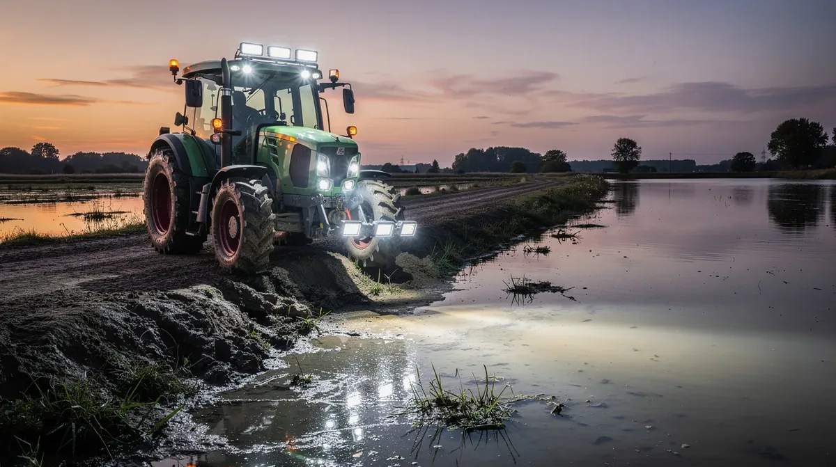Ciągnik rolniczy z listwą LED i lampami roboczymi flood podczas obsługi stawów hodowlanych – stopień ochrony IP67 niezbędny przy pracy w wilgotnym środowisku akwakultury