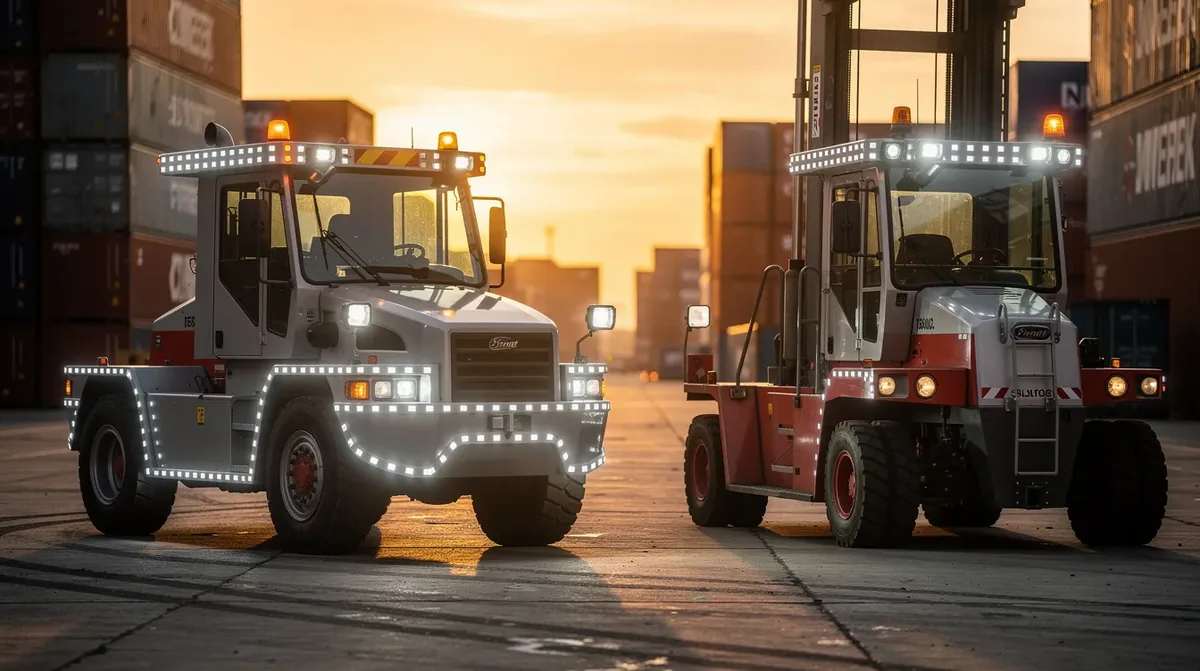 Terminalowy ciągnik siodłowy i wózek bramowy z lampami obrysowymi LED oraz lampami roboczymi LED – oświetlenie ostrzegawcze i robocze na pojazdach terminala kontenerowego