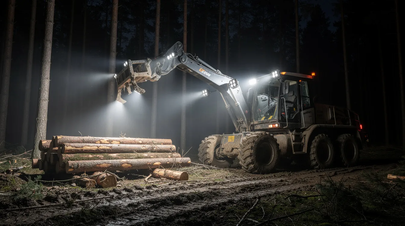 Forwarder leśny z lampami roboczymi LED klasy IP69K podczas nocnej pracy w lesie – rozmieszczenie lamp na ramieniu żurawia i dachu kabiny