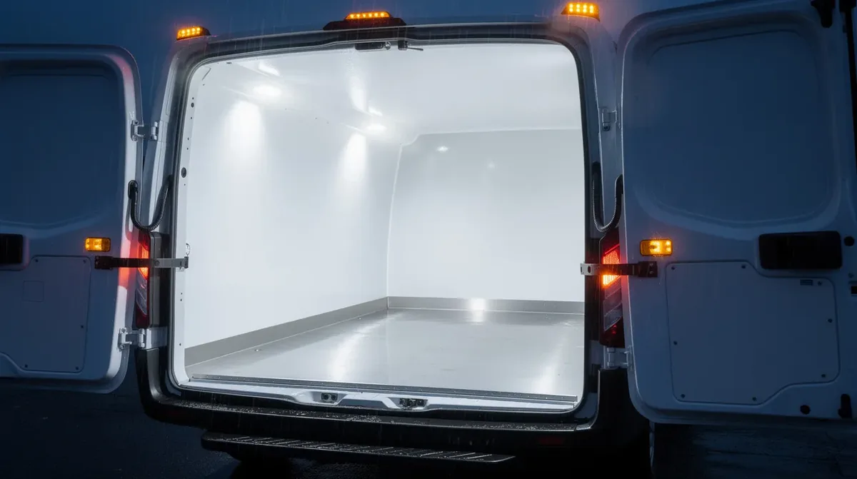 Oświetlenie LED furgonu izotermicznego – lampy robocze strefy rozładunku, lampy obrysowe LED i stroboskopy ostrzegawcze spełniające normy IP67 i ECE R65