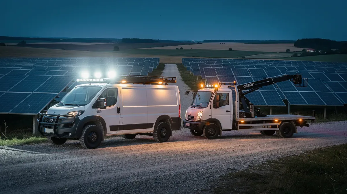 Pojazdy instalacyjne farmy fotowoltaicznej z lampami roboczymi LED flood i stroboskopami ostrzegawczymi – wymagania BHP i homologacja ECE