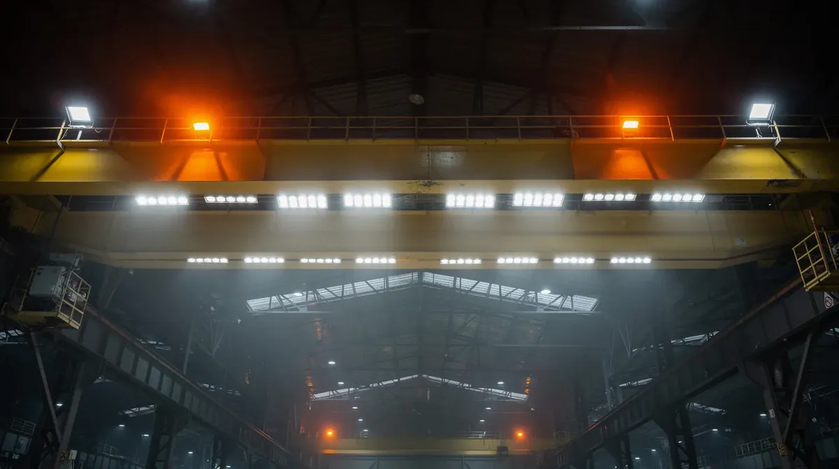 Suwnica pomostowa wyposażona w lampy robocze LED i pomarańczowe koguty ostrzegawcze LED w zakładzie hutniczym – certyfikacja IP67 i normy ATEX