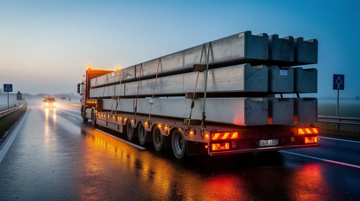 Transport ponadgabarytowy prefabrykatów betonowych z lampami obrysowymi LED i kogutami ostrzegawczymi ECE R65 zamontowanymi na niskopodwoziowej naczepie