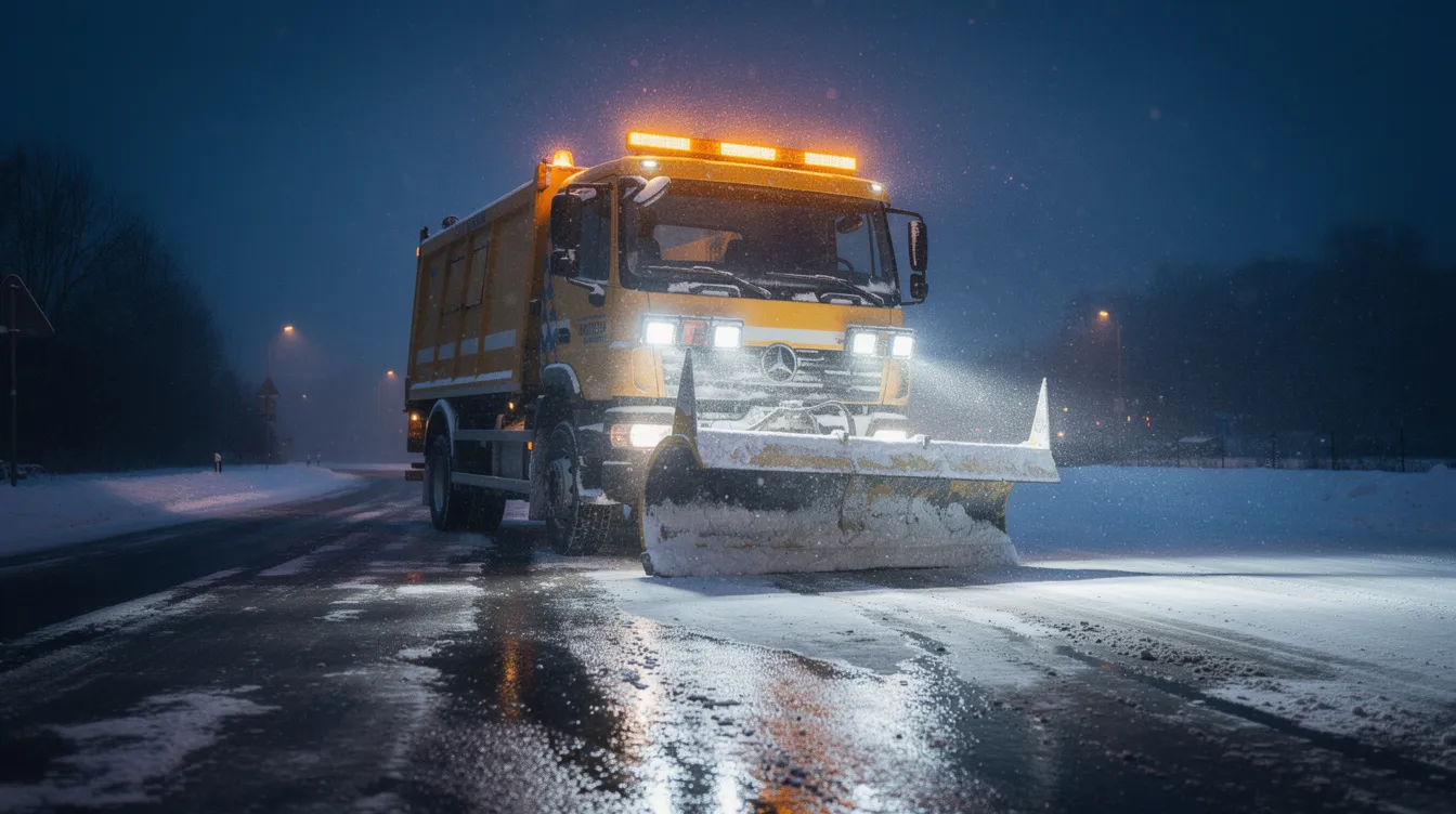 Pług śnieżny wyposażony w lampy robocze LED klasy IP69K oraz stroboskopy ostrzegawcze LED podczas odśnieżania drogi w trudnych warunkach atmosferycznych