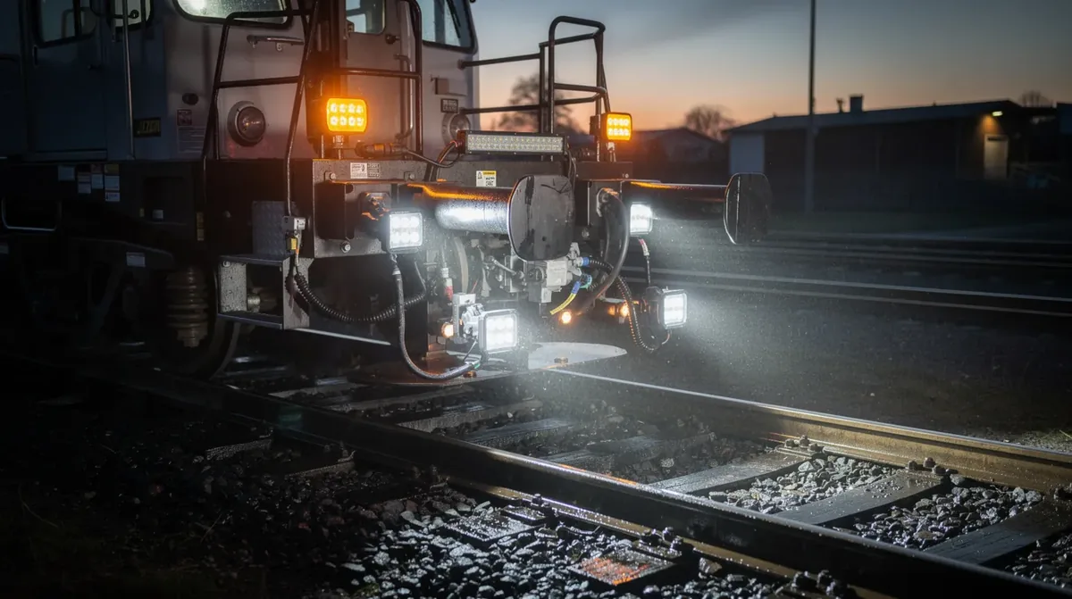 Pojazd szynowo-drogowy z kogutami LED i lampami roboczymi LED – homologacja ECE R65, ochrona IP67, montaż na pojeździe dwufunkcyjnym tor-droga