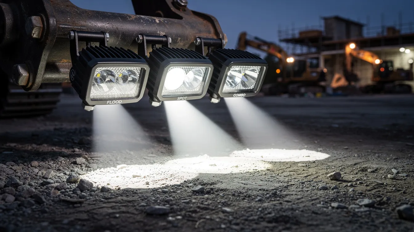 Porównanie kątów rozsyłu FLOOD 120°, SPOT 30° i COMBO w lampach roboczych LED na maszynie budowlanej