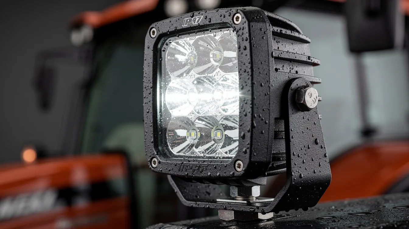 Lampa robocza LED z obudową IP67 przeznaczona do ciągnika rolniczego – wysoka szczelność i homologacja ECE R10 wymagana na drogach publicznych