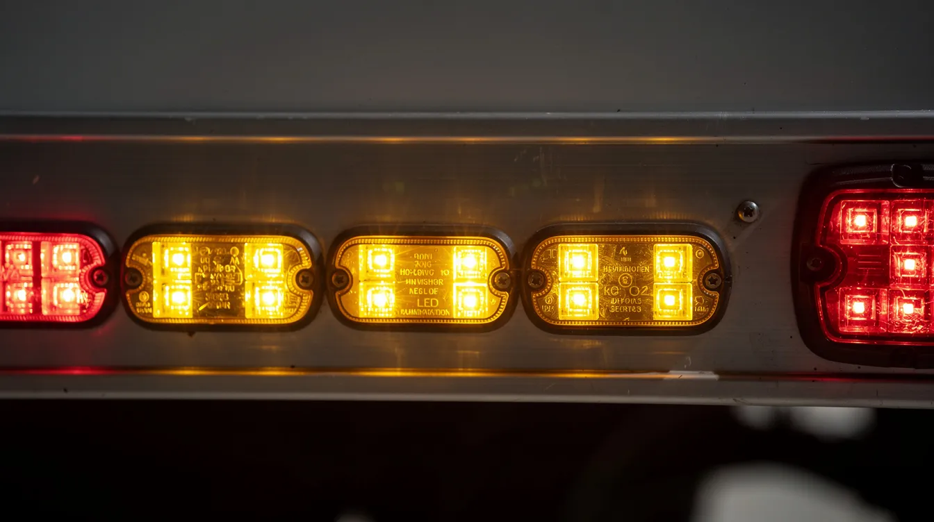 Rozmieszczenie lamp obrysowych LED na boku i tyle naczepy ciężarowej – żółte lampy boczne i czerwone tylne zgodne z przepisami UE