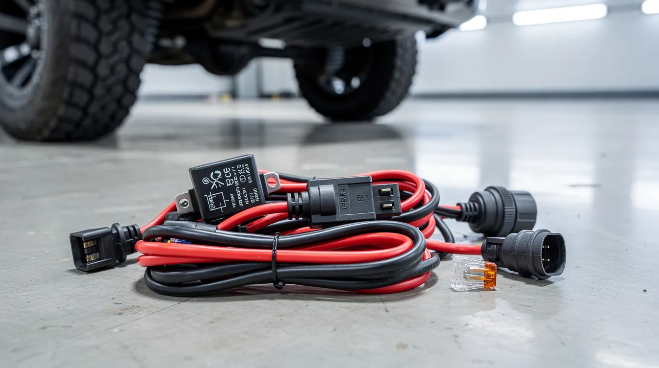 Profesjonalna wiązka przewodów do montażu listwy LED z przekaźnikiem, bezpiecznikiem i wodoodpornymi złączami — kompletny zestaw do instalacji oświetlenia LED w pojeździe