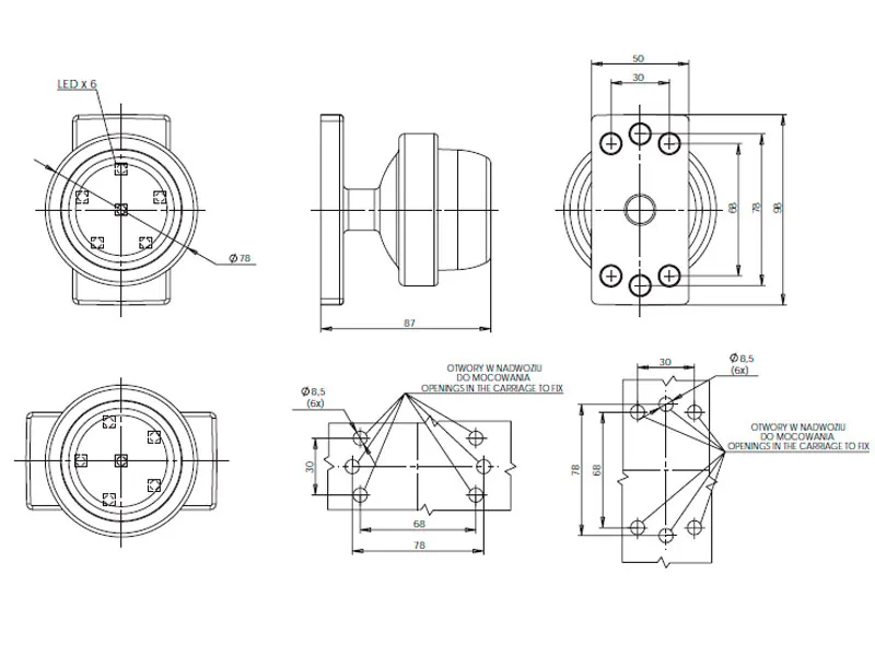 WAS Lampa Obrysowa Boczna LED 12/24V ø78mm IP66/IP68 z przewodem 5m - Zdjęcie 2